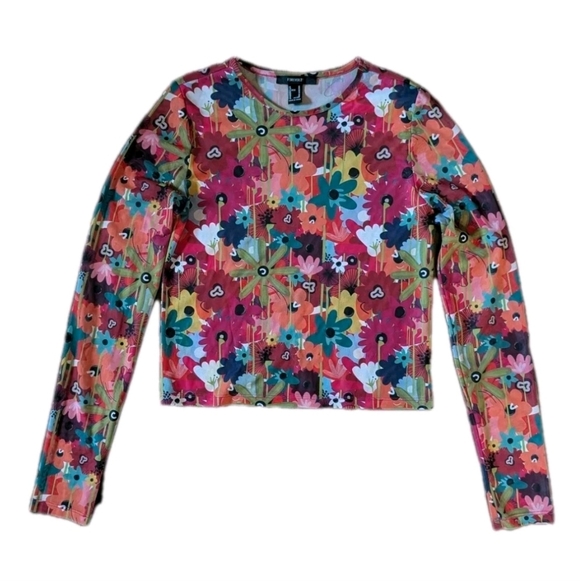 Forever 21 Tops - Forever 21 Womens Floral Mesh Top Festival M Rave Dopamine Long Sleeve Retro